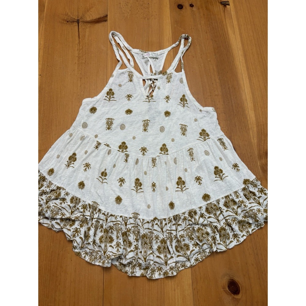 Free People Boho Tank Top Womens Cream Floral Peplum Lace Up Back Rayon Linen